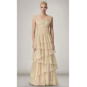 Tadashi Shoji Gold Tiered Gown Petite 6P Sequin V-Neck Tulle Formal Dress Hoco